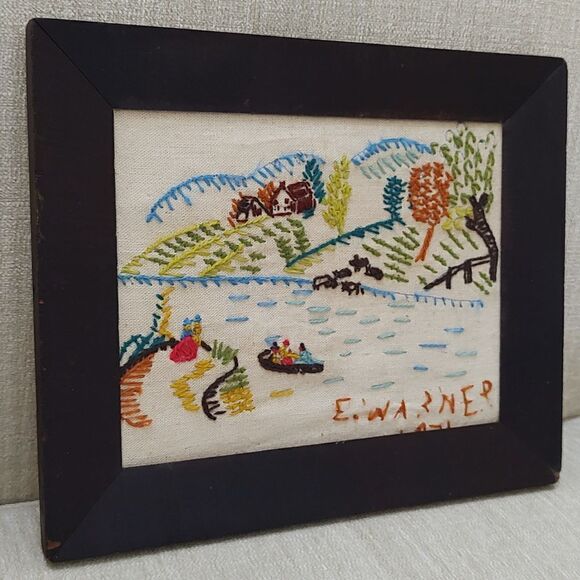Vintage 1970's Handmade Crewel Fall Country Farm Scene Wood Framed Art Signed - Picture 9 of 11